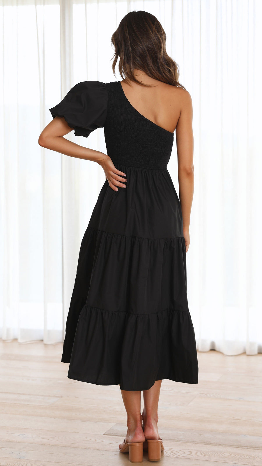 Black Crepe One-Shoulder Smocked Bodice Tiered Midi Dress