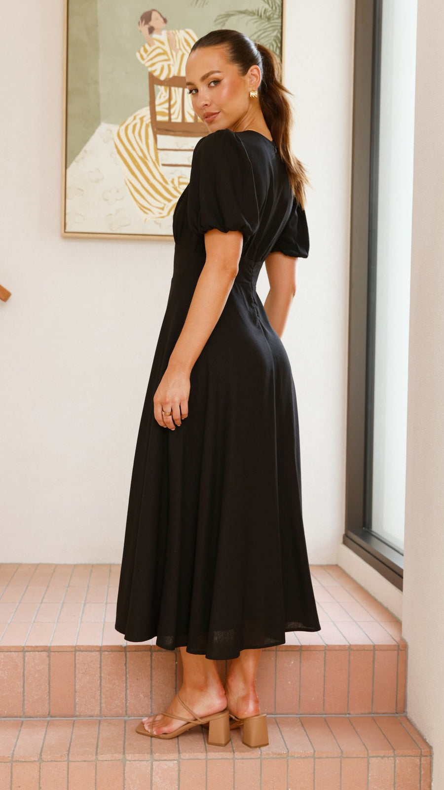 Black Linen Puff Sleeve Maxi Dress